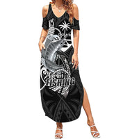 Guam Blue Marlin Fishing Family Matching Summer Maxi Dress and Hawaiian Shirt Guahan Fish Hook Tattoo Black Version LT14 Mom's Dress Black - Polynesian Pride