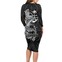 Guam Blue Marlin Fishing Long Sleeve Bodycon Dress Guahan Fish Hook Tattoo Black Version