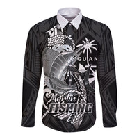 Guam Blue Marlin Fishing Long Sleeve Button Shirt Guahan Fish Hook Tattoo Black Version