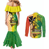 Hawaii Blue Marlin Fishing Couples Matching Mermaid Dress and Long Sleeve Button Shirt Hawaiian Kanaka Kakau Reggae LT14 - Polynesian Pride