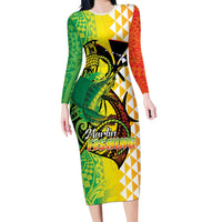 Hawaii Blue Marlin Fishing Long Sleeve Bodycon Dress Hawaiian Kanaka Kakau Reggae