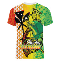 Hawaii Blue Marlin Fishing Women V-Neck T-Shirt Hawaiian Kanaka Kakau Reggae LT14 - Polynesian Pride
