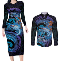 Personalised Blue Marlin Fishing New Zealand Couples Matching Long Sleeve Bodycon Dress and Long Sleeve Button Shirt NZ Kiwi Cowboy Born To Fish LT14 Purple - Polynesian Pride