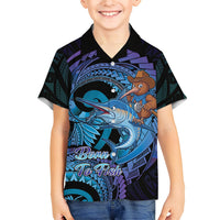 Personalised Blue Marlin Fishing New Zealand Family Matching Mermaid Dress and Hawaiian Shirt NZ Kiwi Cowboy Born To Fish LT14 Son's Shirt Purple - Polynesian Pride
