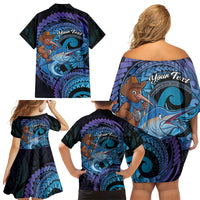 Personalised Blue Marlin Fishing New Zealand Family Matching Off Shoulder Short Dress and Hawaiian Shirt NZ Kiwi Cowboy Born To Fish LT14 - Polynesian Pride