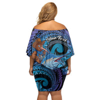 Personalised Blue Marlin Fishing New Zealand Family Matching Off Shoulder Short Dress and Hawaiian Shirt NZ Kiwi Cowboy Born To Fish LT14 - Polynesian Pride