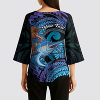 Personalised Blue Marlin Fishing New Zealand Kimono Sleeve Blouse NZ Kiwi Cowboy Born To Fish LT14 - Polynesian Pride