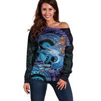 Personalised Blue Marlin Fishing New Zealand Off Shoulder Sweater NZ Kiwi Cowboy Born To Fish