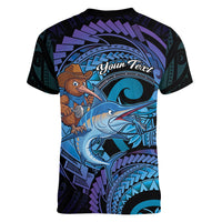 Personalised Blue Marlin Fishing New Zealand Women V-Neck T-Shirt NZ Kiwi Cowboy Born To Fish LT14 - Polynesian Pride