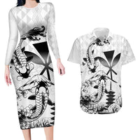 Japan And Hawaii Couples Matching Long Sleeve Bodycon Dress and Hawaiian Shirt Sakura Koi Fish Hawaiian Lei Kanaka LT14 White - Polynesian Pride