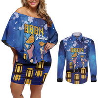 Japan Obon Festival Couples Matching Off Shoulder Short Dress and Long Sleeve Button Shirt Sakura Lanterns With Bon Dance - Polynesian Pride