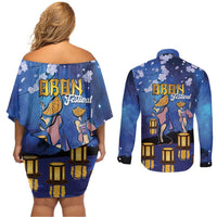Japan Obon Festival Couples Matching Off Shoulder Short Dress and Long Sleeve Button Shirt Sakura Lanterns With Bon Dance - Polynesian Pride