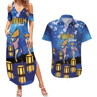 Japan Obon Festival Couples Matching Summer Maxi Dress and Hawaiian Shirt Sakura Lanterns With Bon Dance - Polynesian Pride