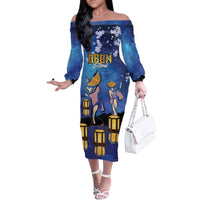 Japan Obon Festival Family Matching Off The Shoulder Long Sleeve Dress and Hawaiian Shirt Sakura Lanterns With Bon Dance - Polynesian Pride