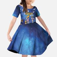Japan Obon Festival Family Matching Short Sleeve Bodycon Dress and Hawaiian Shirt Sakura Lanterns With Bon Dance LT14 Daughter's Dress Blue - Polynesian Pride