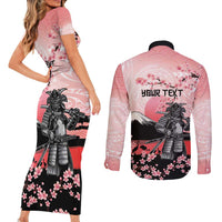Personalised Japan Samurai Warrior Couples Matching Short Sleeve Bodycon Dress and Long Sleeve Button Shirt Japanese Cherry Blossom Polynesian Pattern - Polynesian Pride