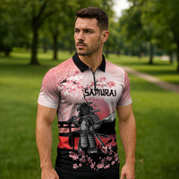 Personalised Japan Samurai Warrior Zipper Polo Shirt Japanese Cherry Blossom Polynesian Pattern - Polynesian Pride