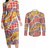 Hawaii Kahili Palaka Motifs Couples Matching Long Sleeve Bodycon Dress and Long Sleeve Button Shirt Hawaiian Honohono Pikake Lei LT14 Red - Polynesian Pride