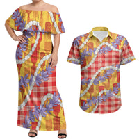 Hawaii Kahili Palaka Motifs Couples Matching Off Shoulder Maxi Dress and Hawaiian Shirt Hawaiian Honohono Pikake Lei LT14 Red - Polynesian Pride