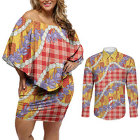 Hawaii Kahili Palaka Motifs Couples Matching Off Shoulder Short Dress and Long Sleeve Button Shirt Hawaiian Honohono Pikake Lei LT14 Red - Polynesian Pride