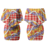 Hawaii Kahili Palaka Motifs Couples Matching Off Shoulder Short Dress and Long Sleeve Button Shirt Hawaiian Honohono Pikake Lei LT14 - Polynesian Pride