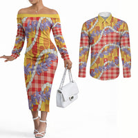 Hawaii Kahili Palaka Motifs Couples Matching Off The Shoulder Long Sleeve Dress and Long Sleeve Button Shirt Hawaiian Honohono Pikake Lei LT14 Red - Polynesian Pride