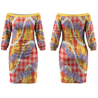 Hawaii Kahili Palaka Motifs Couples Matching Off The Shoulder Long Sleeve Dress and Long Sleeve Button Shirt Hawaiian Honohono Pikake Lei LT14 - Polynesian Pride