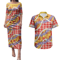 Hawaii Kahili Palaka Motifs Couples Matching Puletasi and Hawaiian Shirt Hawaiian Honohono Pikake Lei LT14 Red - Polynesian Pride