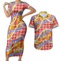Hawaii Kahili Palaka Motifs Couples Matching Short Sleeve Bodycon Dress and Hawaiian Shirt Hawaiian Honohono Pikake Lei LT14 Red - Polynesian Pride