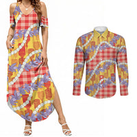 Hawaii Kahili Palaka Motifs Couples Matching Summer Maxi Dress and Long Sleeve Button Shirt Hawaiian Honohono Pikake Lei LT14 Red - Polynesian Pride