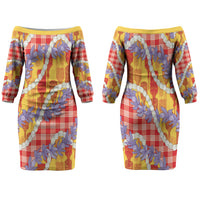 Hawaii Kahili Palaka Motifs Family Matching Off The Shoulder Long Sleeve Dress and Hawaiian Shirt Hawaiian Honohono Pikake Lei LT14 Mom's Dress Red - Polynesian Pride