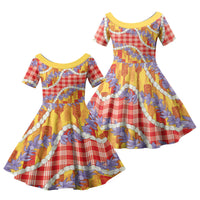 Hawaii Kahili Palaka Motifs Family Matching Off Shoulder Maxi Dress and Hawaiian Shirt Hawaiian Honohono Pikake Lei LT14 Daughter's Dress Red - Polynesian Pride