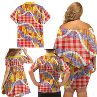 Hawaii Kahili Palaka Motifs Family Matching Off Shoulder Short Dress and Hawaiian Shirt Hawaiian Honohono Pikake Lei LT14 - Polynesian Pride