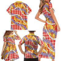 Hawaii Kahili Palaka Motifs Family Matching Short Sleeve Bodycon Dress and Hawaiian Shirt Hawaiian Honohono Pikake Lei LT14 Mom's Dress Red - Polynesian Pride