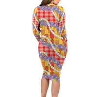 Hawaii Kahili Palaka Motifs Long Sleeve Bodycon Dress Hawaiian Honohono Pikake Lei LT14 - Polynesian Pride