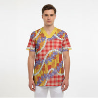 Hawaii Kahili Palaka Motifs Scrub Top Hawaiian Honohono Pikake Lei