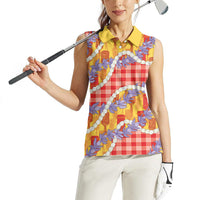 Hawaii Kahili Palaka Motifs Women Sleeveless Polo Shirt Hawaiian Honohono Pikake Lei