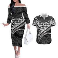 Hawaii Lauhala Tattoo Couples Matching Off The Shoulder Long Sleeve Dress and Hawaiian Shirt Hawaiian Hala Leaf Weaving LT14 Black - Polynesian Pride