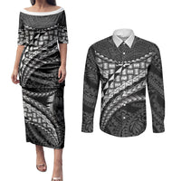 Hawaii Lauhala Tattoo Couples Matching Puletasi and Long Sleeve Button Shirt Hawaiian Hala Leaf Weaving LT14 Black - Polynesian Pride