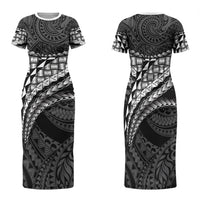 Hawaii Lauhala Tattoo Family Matching Short Sleeve Bodycon Dress and Hawaiian Shirt Hawaiian Hala Leaf Weaving LT14 Mom's Dress Black - Polynesian Pride