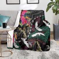Hawaiian and Japanese Culture Blanket Crane Sakura Hibiscus Tropical Vibes