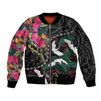 Hawaiian and Japanese Culture Bomber Jacket Crane Sakura Hibiscus Tropical Vibes