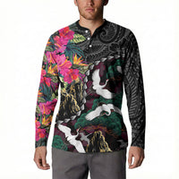 Hawaiian and Japanese Culture Button Sweatshirt Crane Sakura Hibiscus Tropical Vibes