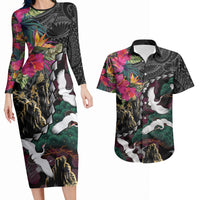 Hawaiian and Japanese Culture Couples Matching Long Sleeve Bodycon Dress and Hawaiian Shirt Crane Sakura Hibiscus Tropical Vibes LT14 Black - Polynesian Pride