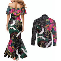 Hawaiian and Japanese Culture Couples Matching Mermaid Dress and Long Sleeve Button Shirt Crane Sakura Hibiscus Tropical Vibes LT14 - Polynesian Pride