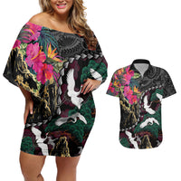 Hawaiian and Japanese Culture Couples Matching Off Shoulder Short Dress and Hawaiian Shirt Crane Sakura Hibiscus Tropical Vibes LT14 Black - Polynesian Pride