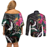 Hawaiian and Japanese Culture Couples Matching Off Shoulder Short Dress and Long Sleeve Button Shirt Crane Sakura Hibiscus Tropical Vibes
