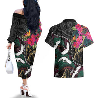 Hawaiian and Japanese Culture Couples Matching Off The Shoulder Long Sleeve Dress and Hawaiian Shirt Crane Sakura Hibiscus Tropical Vibes LT14 - Polynesian Pride