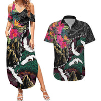 Hawaiian and Japanese Culture Couples Matching Summer Maxi Dress and Hawaiian Shirt Crane Sakura Hibiscus Tropical Vibes LT14 Black - Polynesian Pride