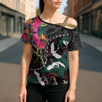 Hawaiian and Japanese Culture Cross Shoulder Shirt Crane Sakura Hibiscus Tropical Vibes